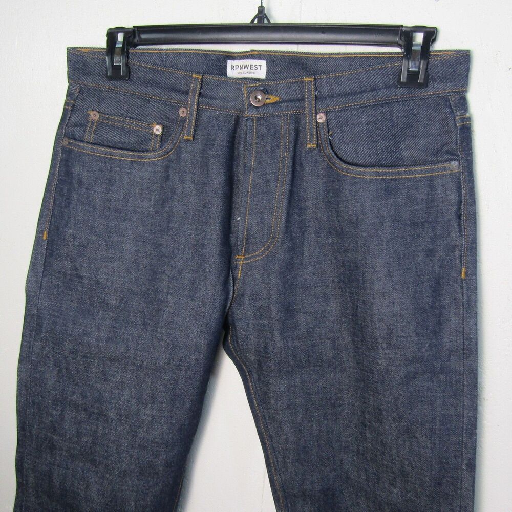 RPMWEST New Classic Men's 34 Raw Selvedge Denim Jeans Button Fly Dark Indigo